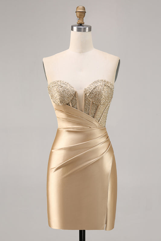 Golden Satin Strapless Tight Short Homecoming Dress