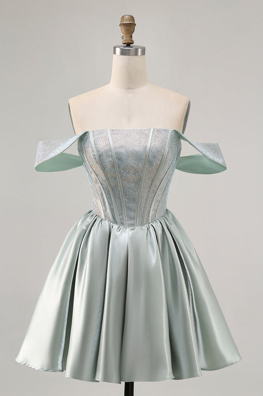 Sparkly Light Green Satin Short Corset Homecoming Dress with Beading