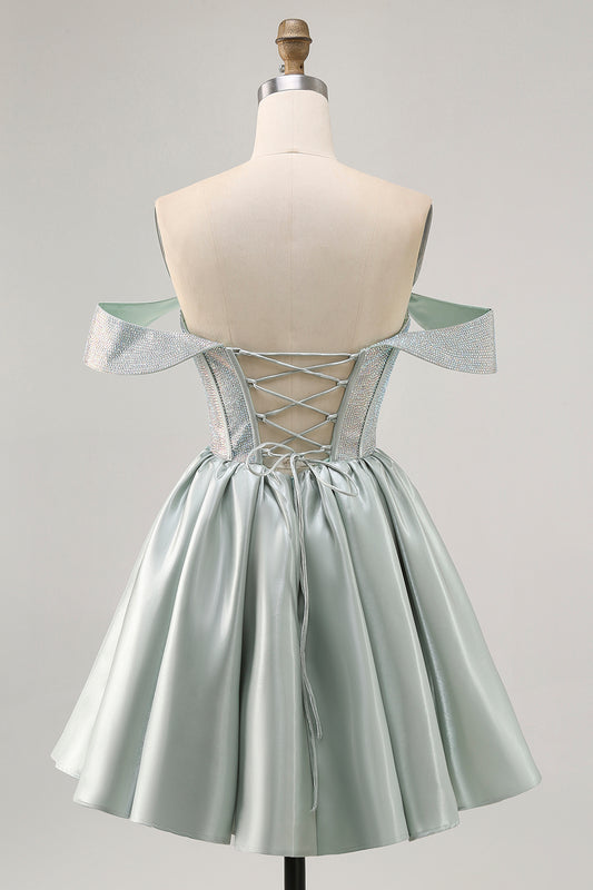 Sparkly Light Green Satin Short Corset Homecoming Dress with Beading