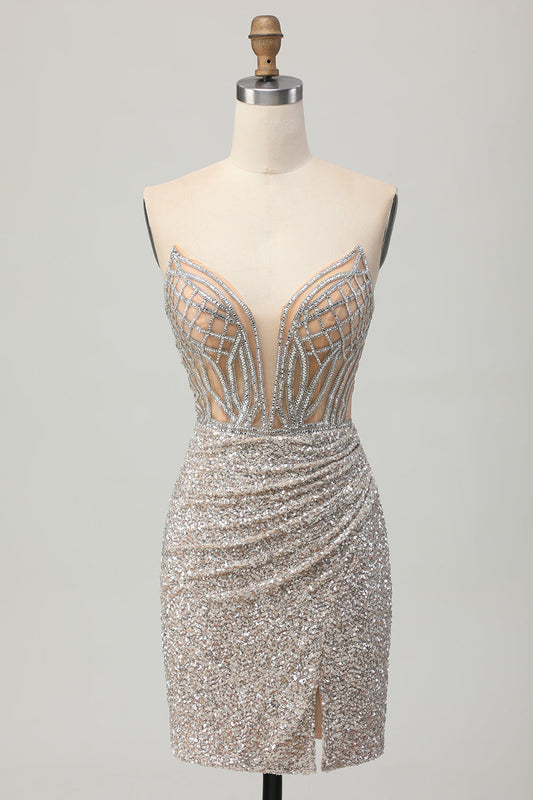 Sparkly Sliver Corset Sequins Strapless Short Bodycon Homecoming Dress