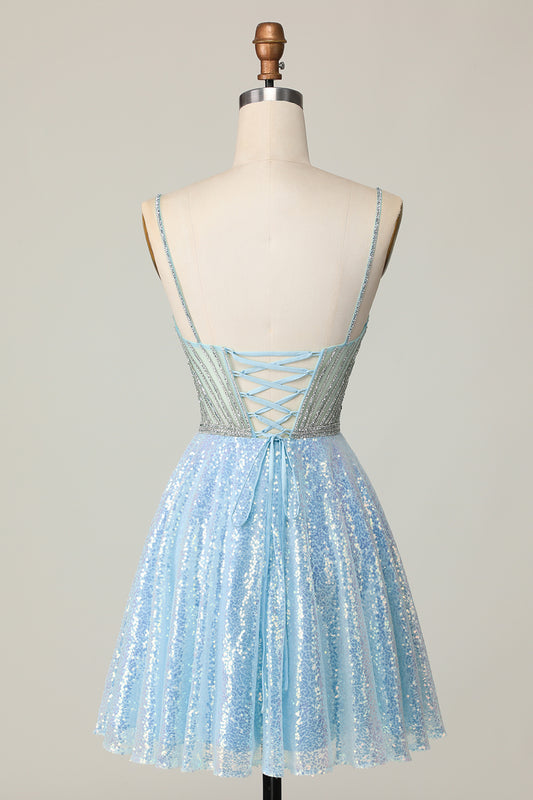 Sparkly Light Blue Sequin Spaghetti Straps Short Homecoming Dress with Beading