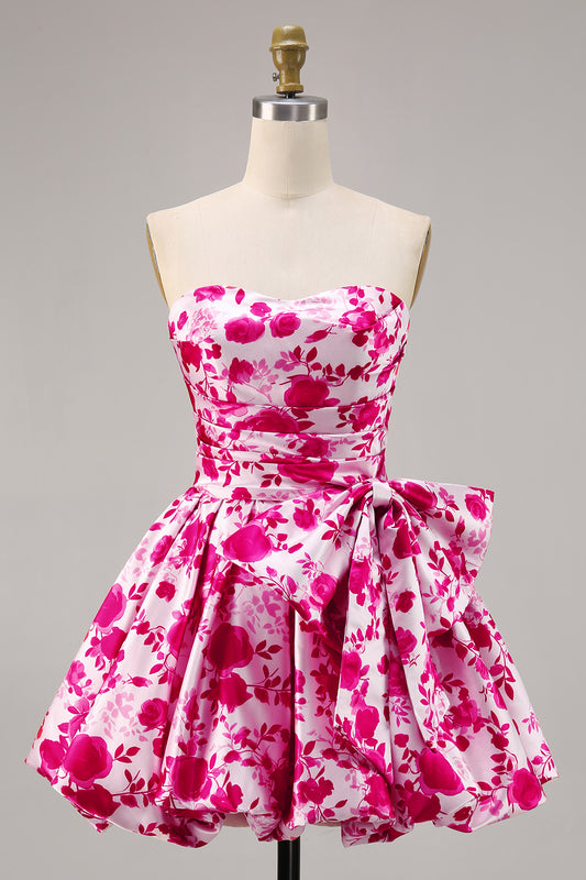 Fuchsia Strapless A Line Short Floral Homecoming Dress with Bow