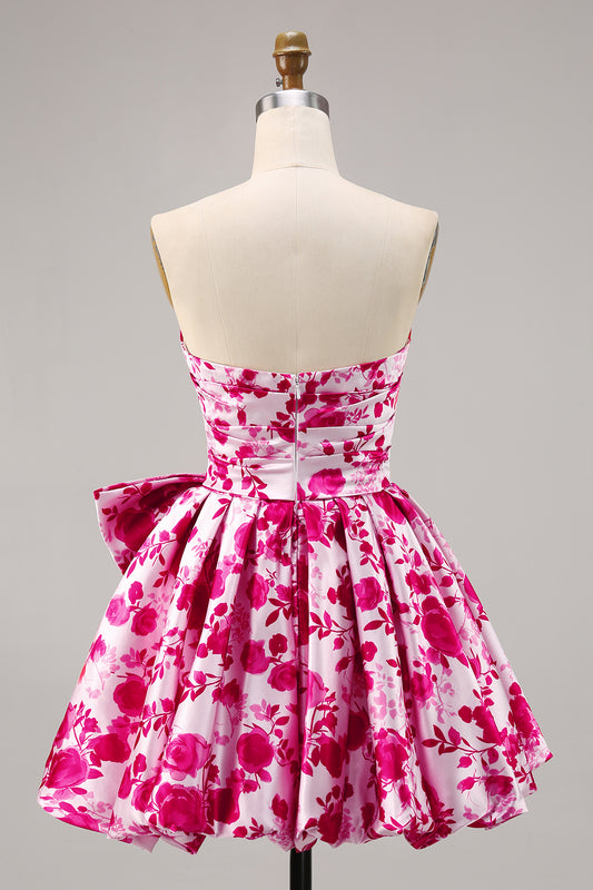 Fuchsia Strapless A Line Short Floral Homecoming Dress with Bow