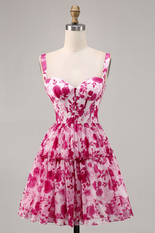 Fuchsia Corset A Line Chiffon Short Floral Homecoming Dress