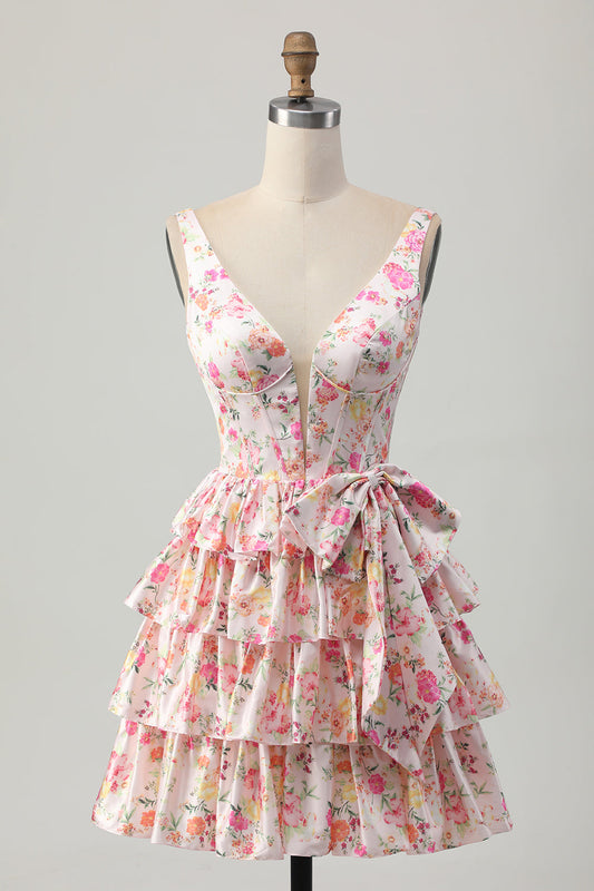 Pink A Line Tiered Floral Short Corset Homecoming Dress with Bow