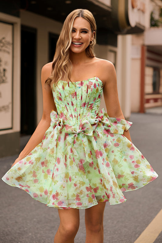 Green Corset Floral Strapless Short Homecoming Dress with Bows