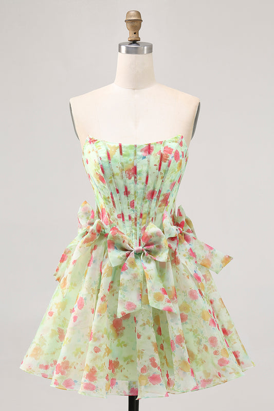 Green Floral Strapless Short Corset Homecoming Dress with Bows