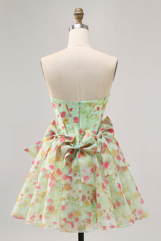 Green Floral Strapless Short Corset Homecoming Dress with Bows