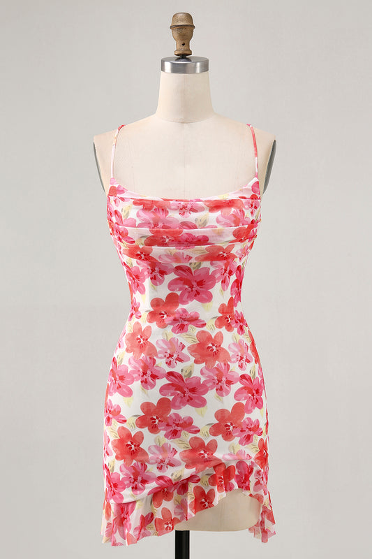 Red Floral Ruched Tight Short Homecoming Dress with Ruffles