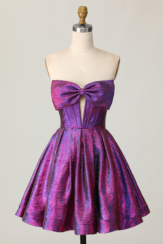Dark Purple Metallic Short Homecoming Dress with Bow Corset Strapless A Line Cocktail Dress with Keyhole