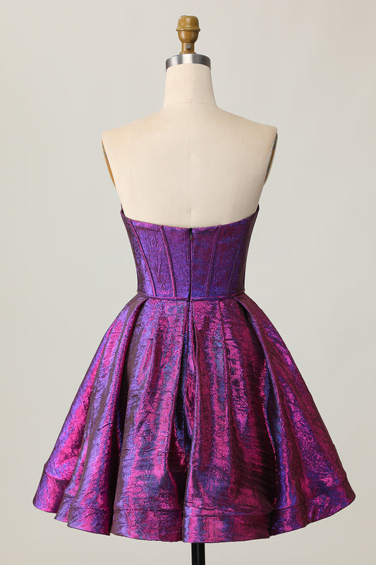 Dark Purple Corset Strapless Metallic Short Homecoming Dress with Bow