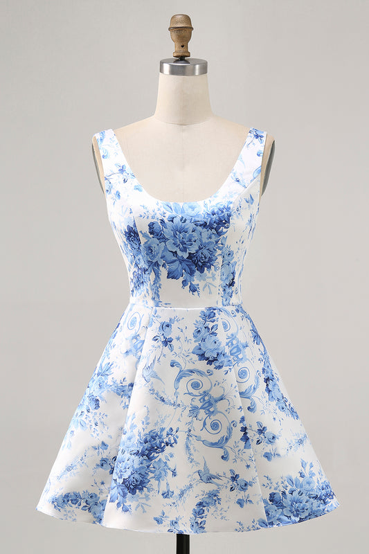 White and Blue Floral Satin Scoop Neck Short Homecoming Dress