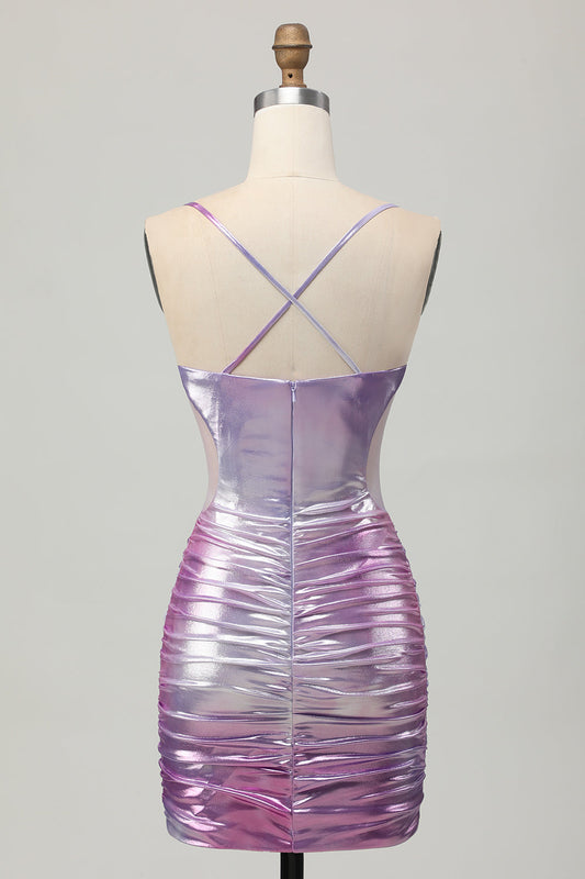 Silver Purple Tight Spaghetti Straps Short Metallic Homecoming Dress