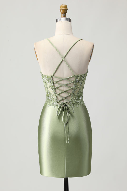 Sparkly Sage Green Corset Tight Short Satin Homecoming Dress