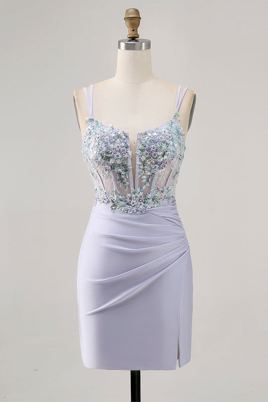 Lavender Satin Floral Corset Short Homecoming Dress with Lace