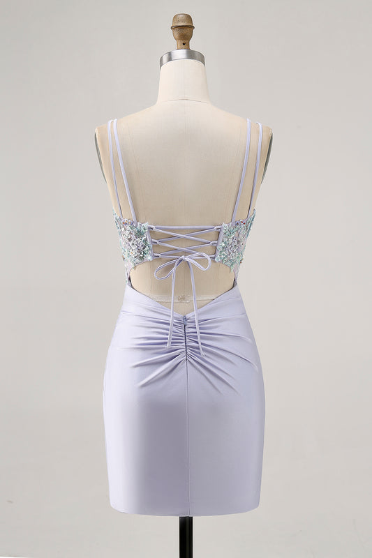 Lavender Satin Floral Corset Short Homecoming Dress with Lace