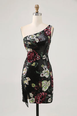 Sparkly Black Sequin Floral One Shoulder Short Homecoming Dress with Fringes