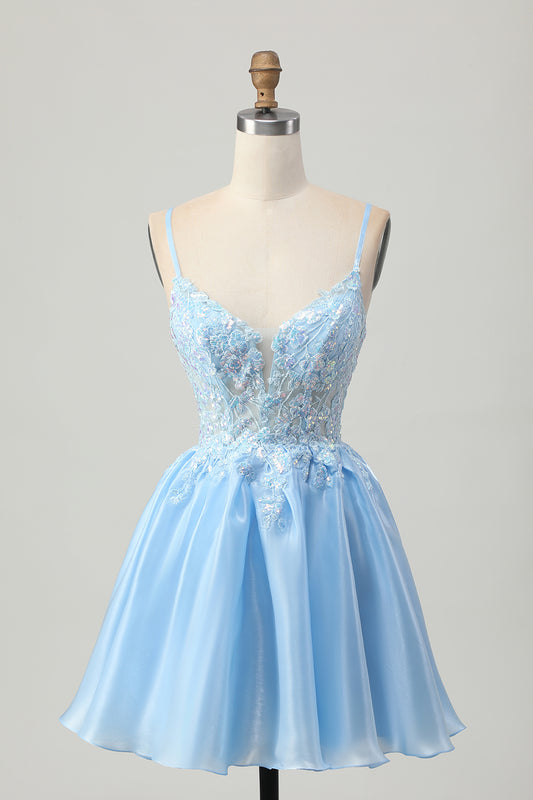 Sparkly Blue Corset A Line Short Homecoming Dress with Lace