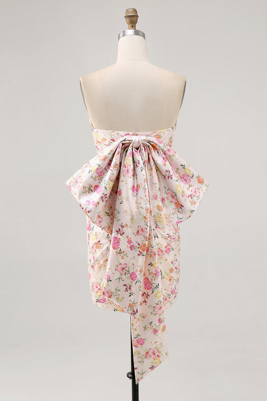 Pink Floral Strapless Ruched Short Homecoming Dress with Bow