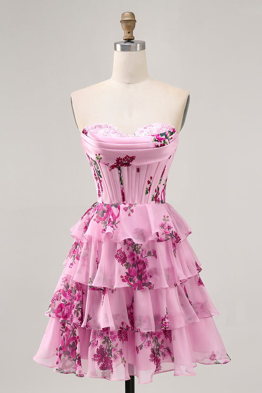 Pink Floral Sweetheart Short Corset Homecoming Dress with Ruffles