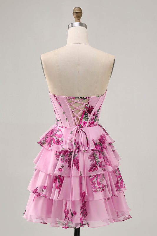 Pink Floral Sweetheart Short Corset Homecoming Dress with Ruffles
