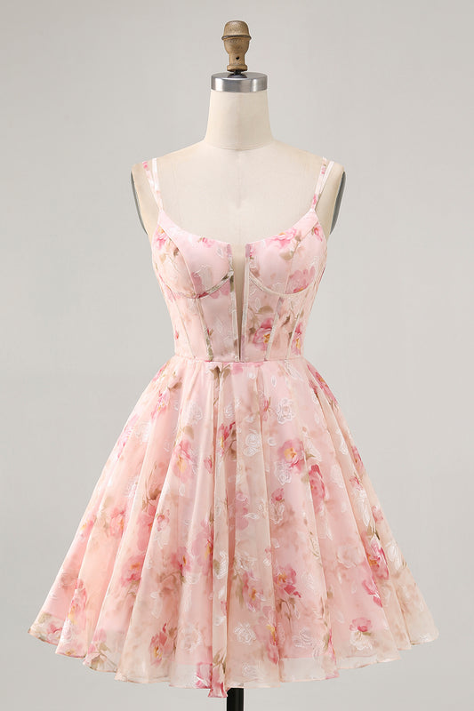 Blush Floral A Line Chiffon Short Corset Homecoming Dress