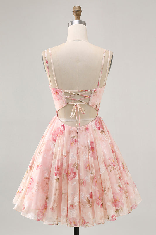 Blush Floral A Line Chiffon Short Corset Homecoming Dress