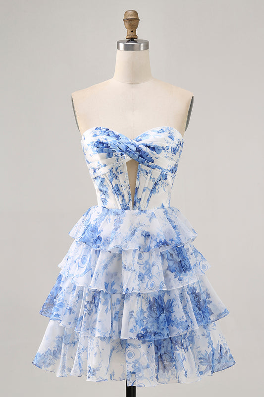 White and Blue Floral Ruffled Short Corset Homecoming Dress with Keyhole