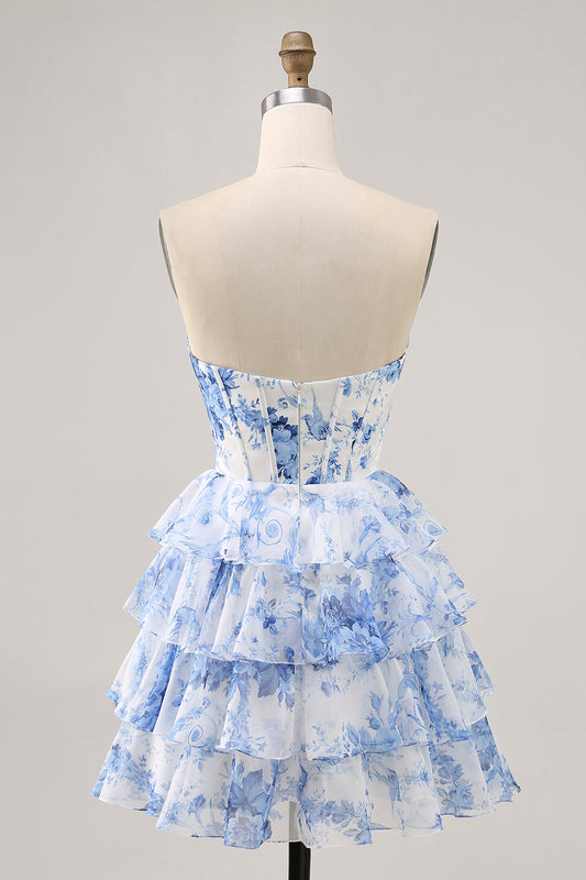 White and Blue Floral Ruffled Short Corset Homecoming Dress with Keyhole