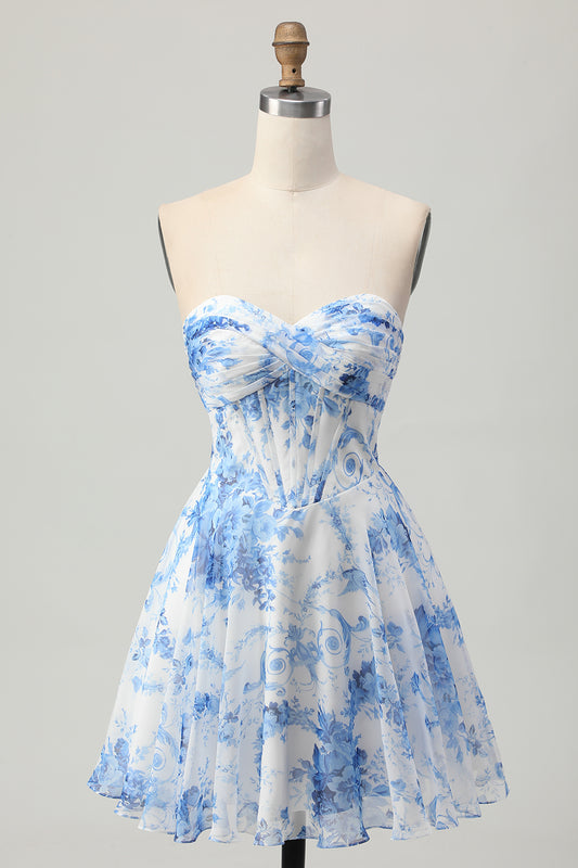 White Blue Flower Corset A Line Short Homecoming Dress