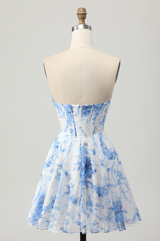 White Blue Flower Corset A Line Short Homecoming Dress