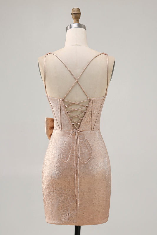 Champagne Jacquard Tight Short Corset Homecoming Dress with Bow