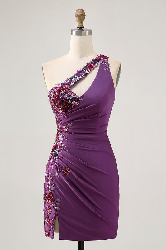 Sparkly Dark Purple Floral Tight One Shoulder Short Homecoming Dress