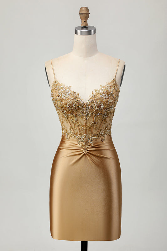 Sparkly Golden Tight Short Corset Homecoming Dress with Lace