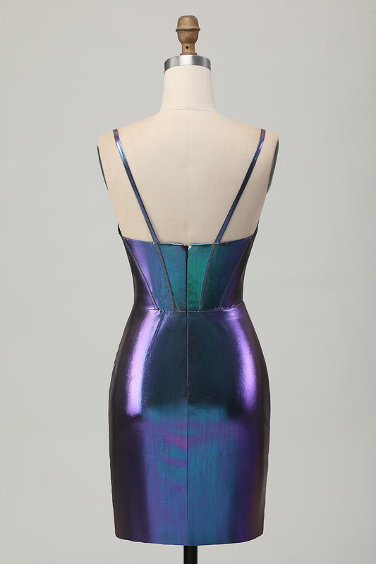Blue Purple Metallic Corset Tight Glitter Short Homecoming Dress
