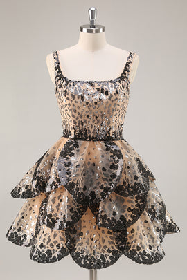 Sparkly Black and Apricot Sequin Tiered Short Homecoming Dress