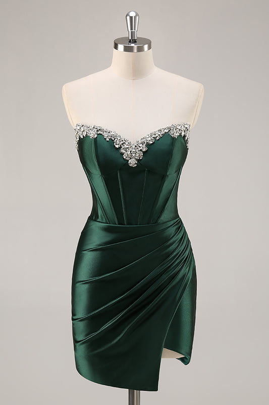 Sparkly Dark Green Corset Strapless Short Homecoming Dress with Rhinestones