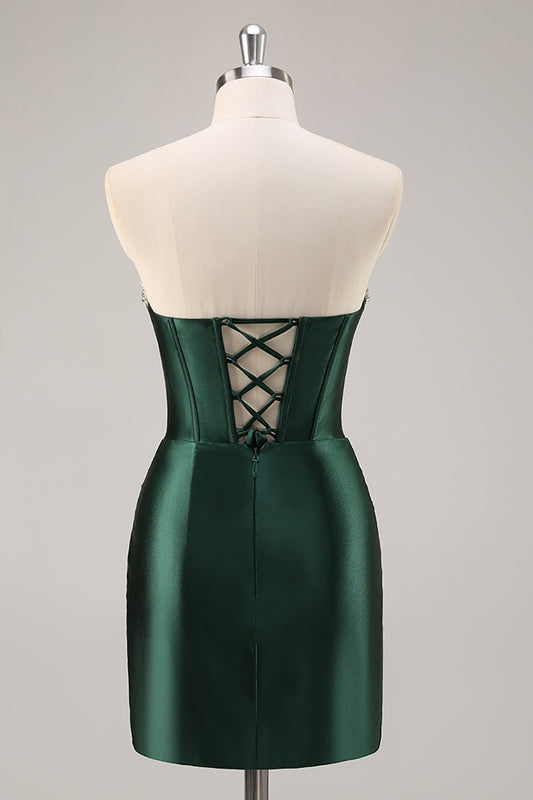 Sparkly Dark Green Corset Strapless Short Homecoming Dress with Rhinestones