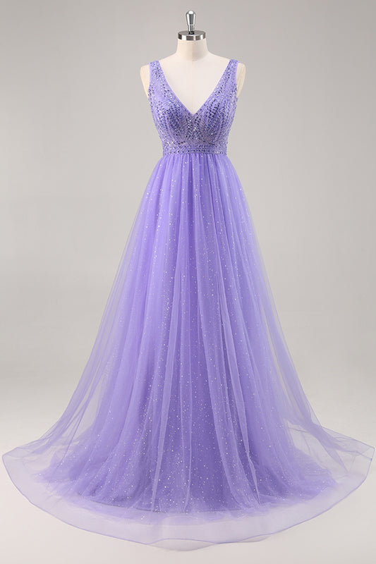 Sparkly Purple Beaded V-Neck A Line Long Prom Dress