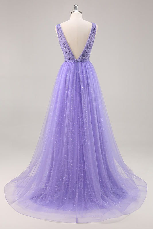 Sparkly Purple Beaded V-Neck A Line Long Prom Dress