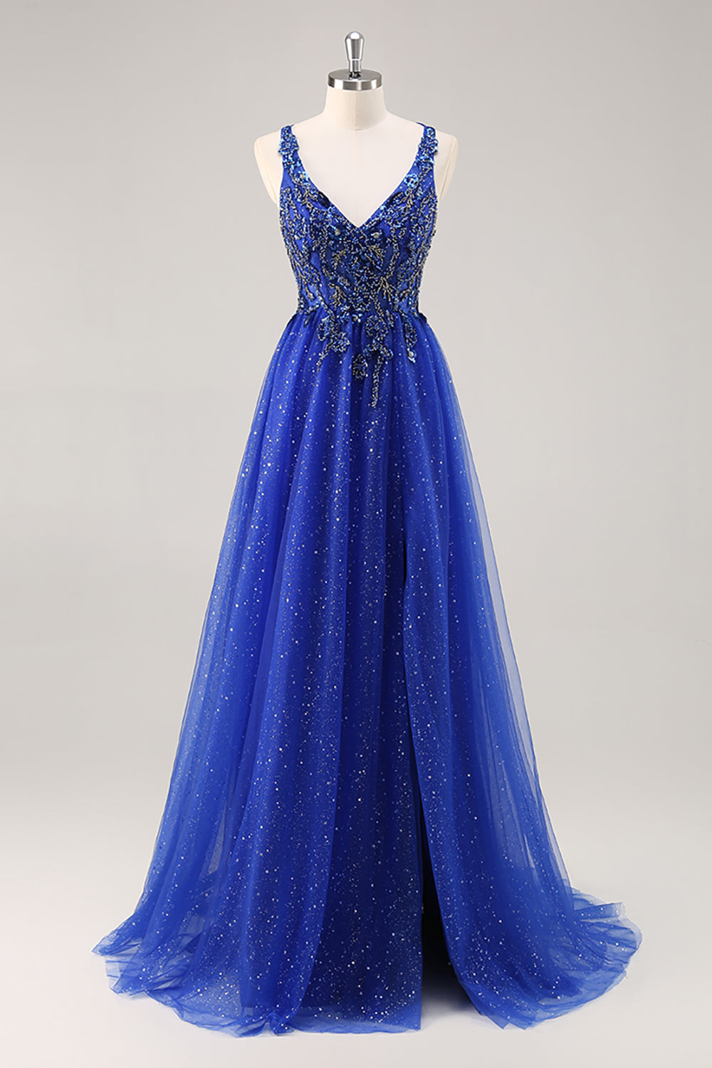 Zapakasa Women Sparkly Royal Blue Beaded Corset Long Prom Dress with Slit V-Neck A Line Tulle Lace Up Back Formal Dress