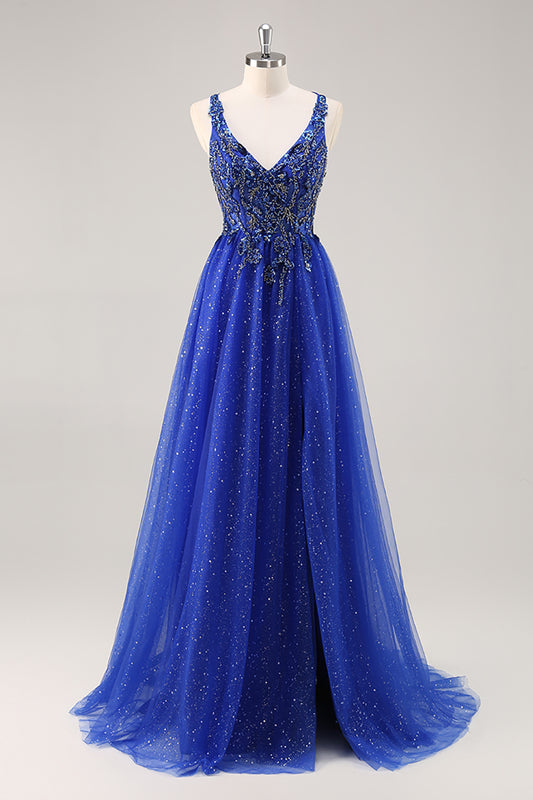 Sparkly Royal Blue Beaded Corset V-Neck Long Prom Dress with Slit