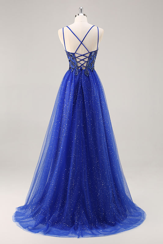 Sparkly Royal Blue Beaded Corset V-Neck Long Prom Dress with Slit