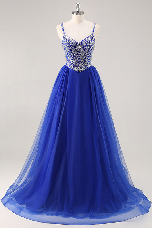 Sparkly Royal Blue Spaghetti Straps Beaded Long Prom Dress