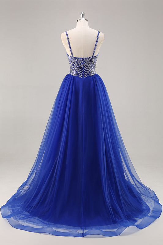 Sparkly Royal Blue Spaghetti Straps Beaded Long Prom Dress