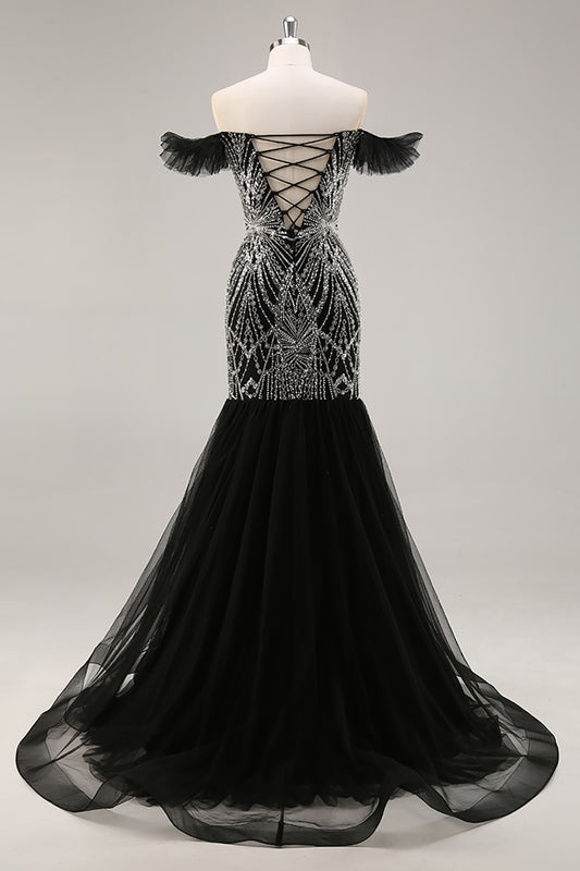 Sparkly Black Beaded Off the Shoulder Mermaid Long Prom Dress