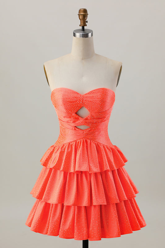 Sparkly Orange Tiered Cut Out Beaded A Line Short Homecoming Dress