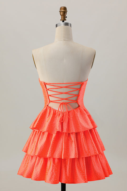 Sparkly Orange Tiered Cut Out Beaded A Line Short Homecoming Dress