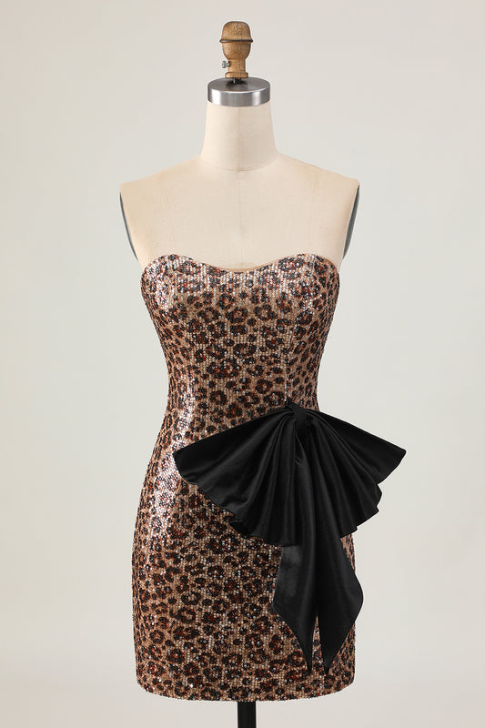 Sparkly Brown Leopard Sequins Short Tight Homecoming Dress with Bow