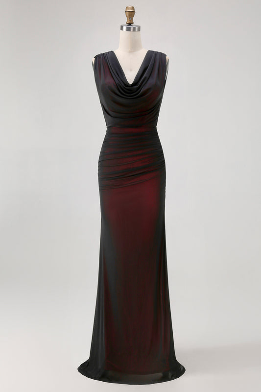 Black Red Backless V-Neck Long Bridesmaid Dress with Slit